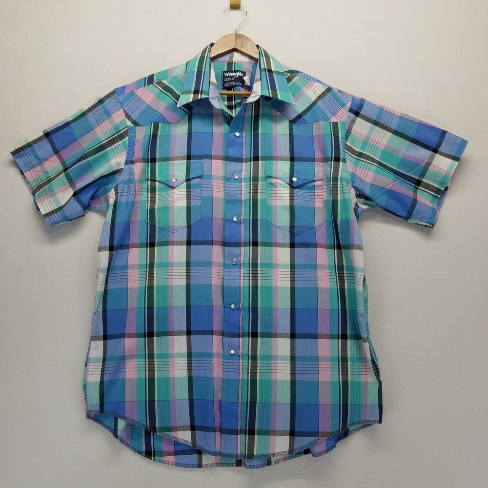 Vtg Wrangler Western Shirt Men Sz 17 Blue Plaid Pearl Snap Button Short Sleeve